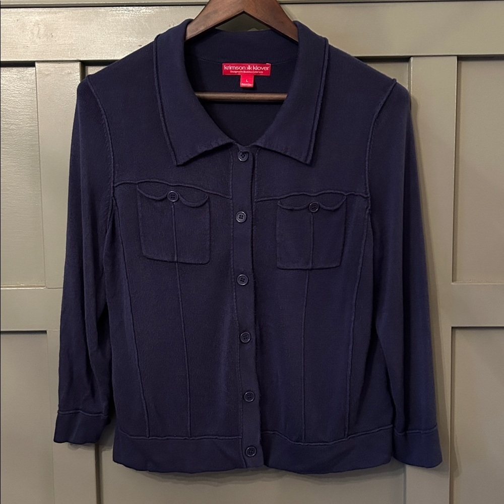 Krimson Klover Button Front Cardigan Sweater Top Pockets Collar Navy Blue Large